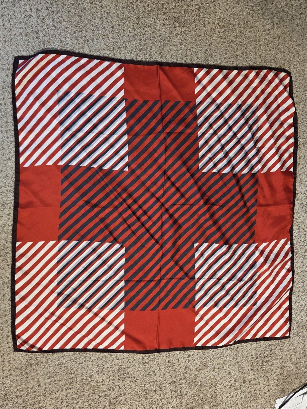 Alain Figaret Italian Silk Scarf 26" X 26" Square Bold Red White Stripes Cross - Picture 3 of 7